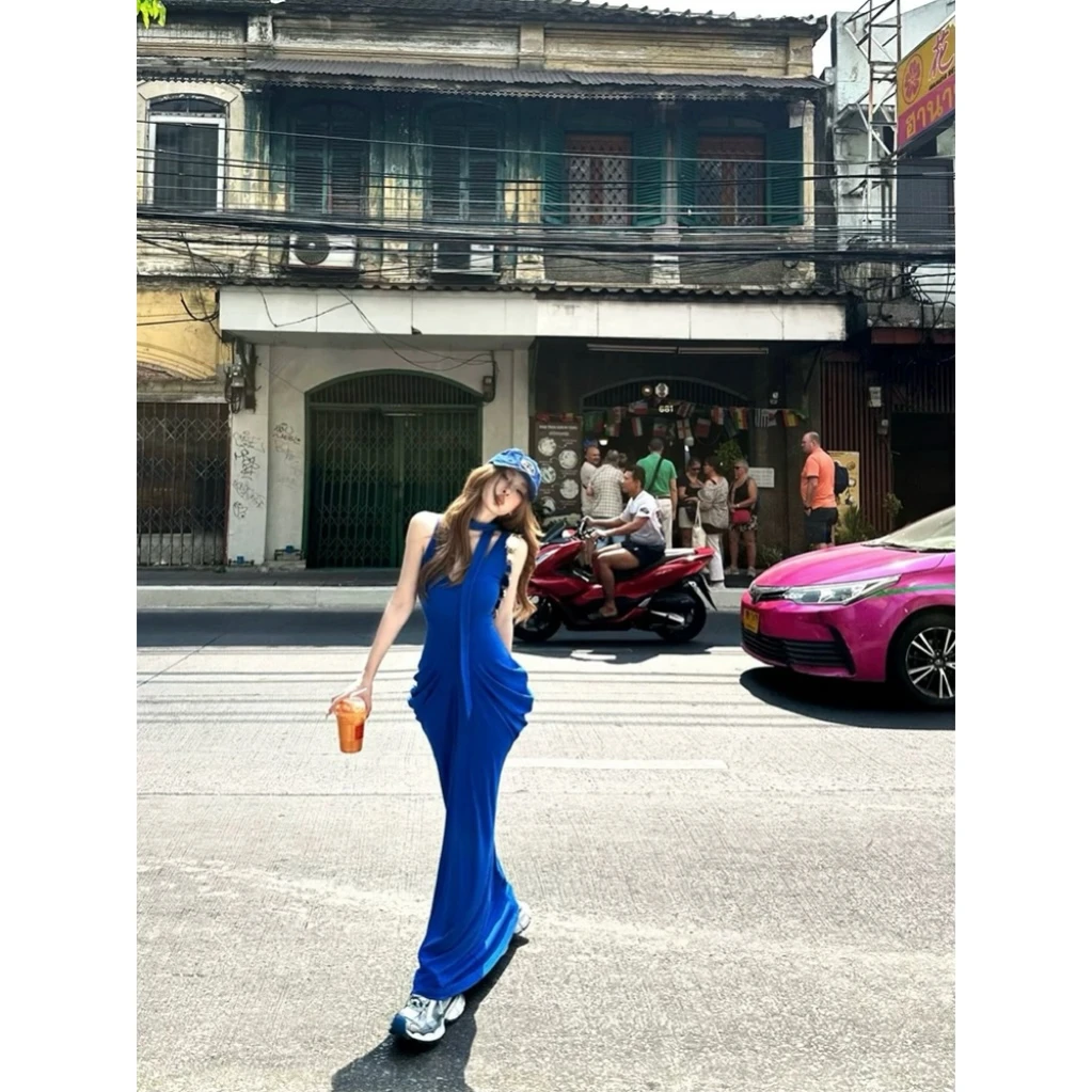 【人均沙漏腰】复古吊带飘带连衣裙2025气质修身收腰显身材包臀长裙