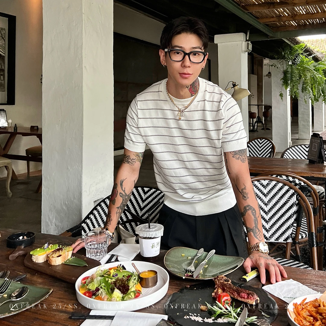 OXFREAK「老钱风 缝线针织」条纹短袖t恤男正肩修身小领口半截袖