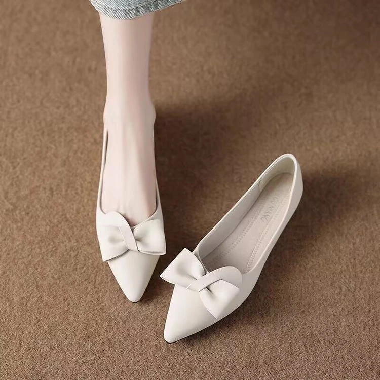 绝美尖头法式羊皮单鞋女软底气质平底蝴蝶结夏季浅口低跟瓢鞋女款