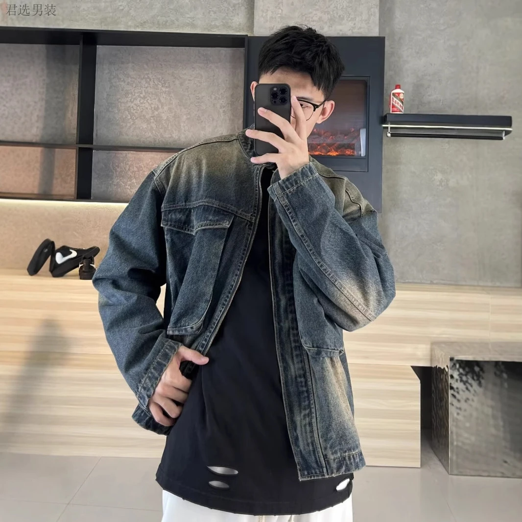 春秋新款怀旧蓝复古宽松大口袋立领牛仔外套男休闲拉链夹克上衣潮