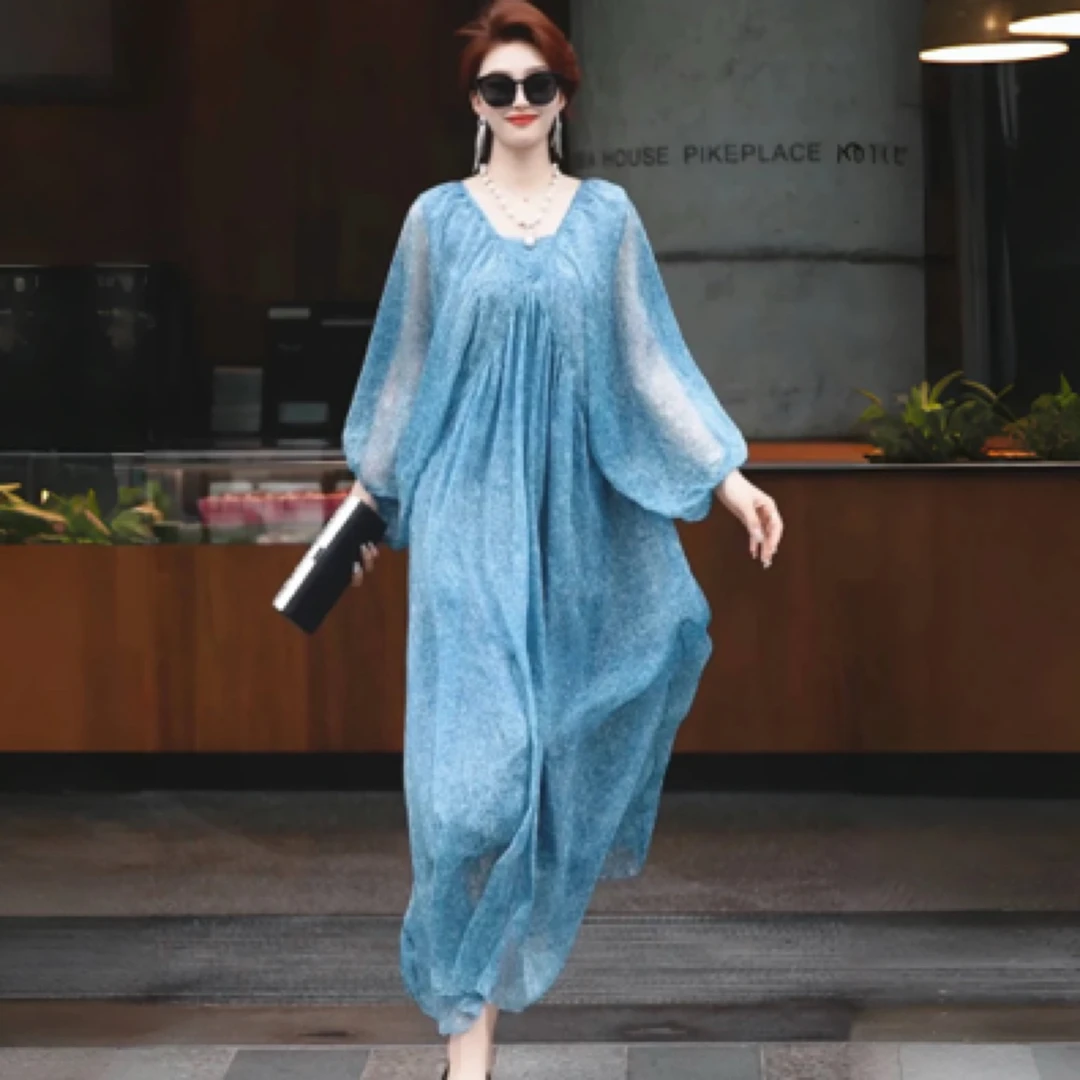 809-18#琥珀蓝气质长款显瘦连衣裙