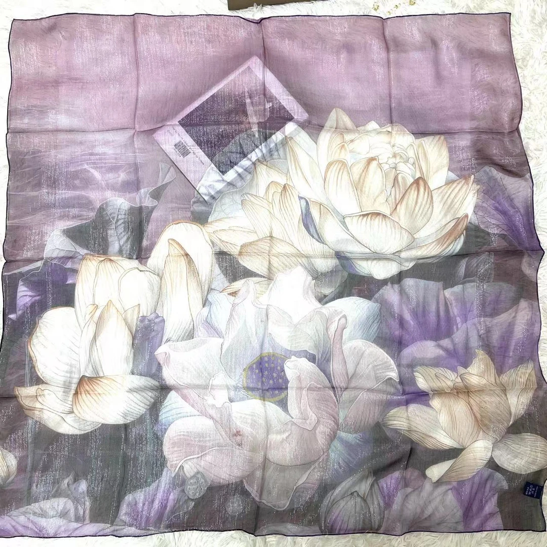 【国风荷花】110cm100％桑蚕丝金丝乔其工艺12姆米中方巾围巾