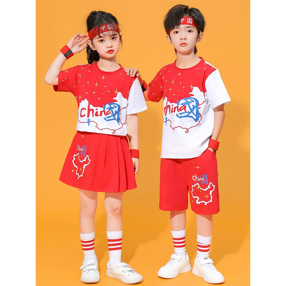 2025新款夏季爱国风男女童运动套装时尚休闲短袖短裤活力开学季