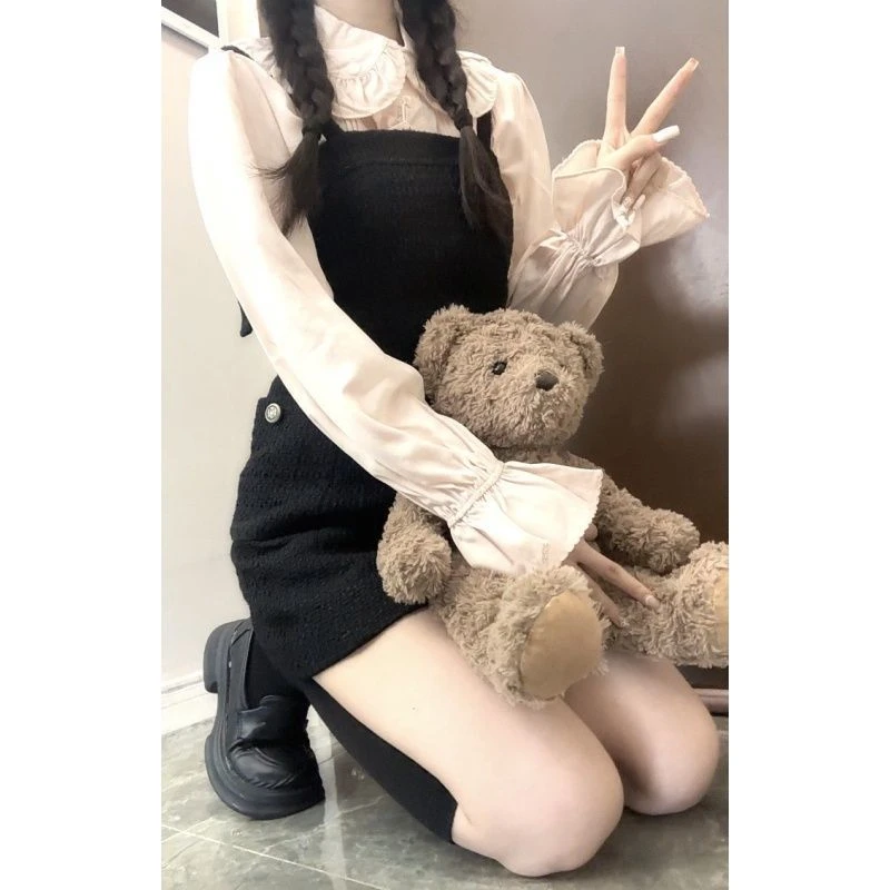 【两件套】【晴醺假日】秋甜美复古小香风少女感衬衫+背带长裙