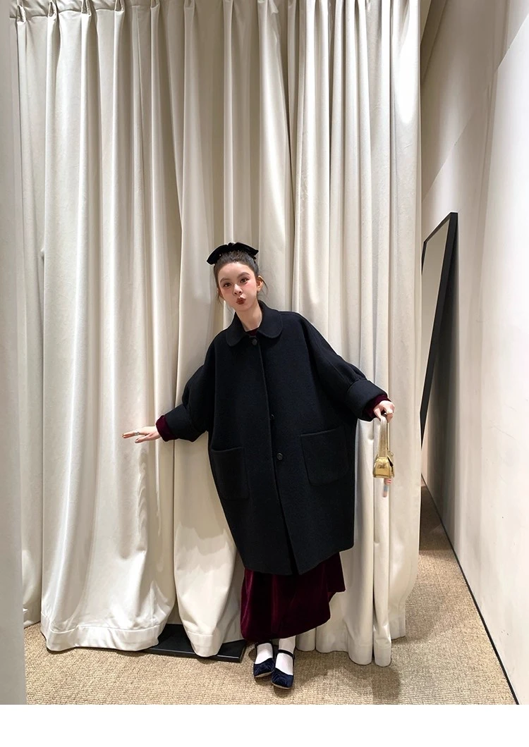 周美美 南青山古着屋全羊毛娃娃领斗篷中长款双面呢大衣