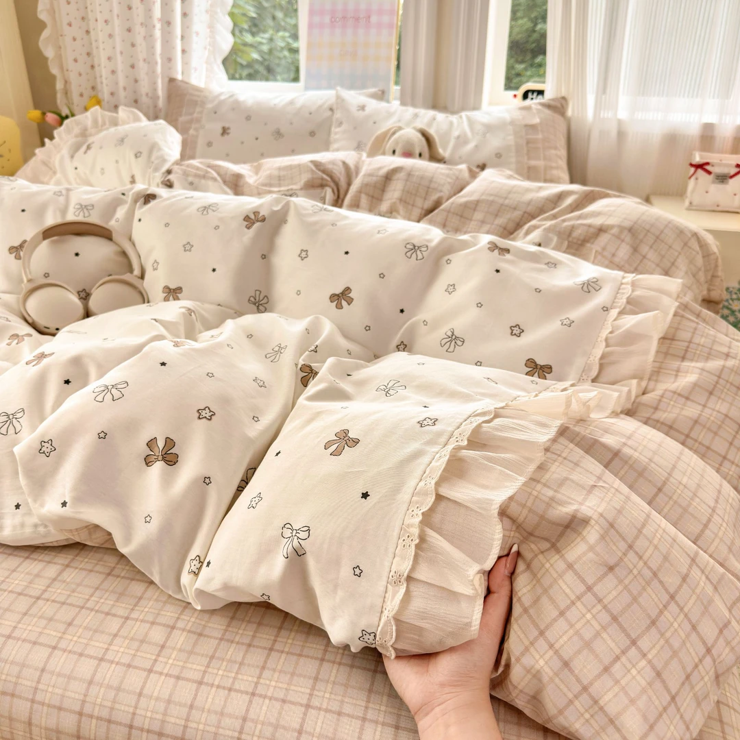 美玲 全棉双层花边系列三件套四件套少女心韩版