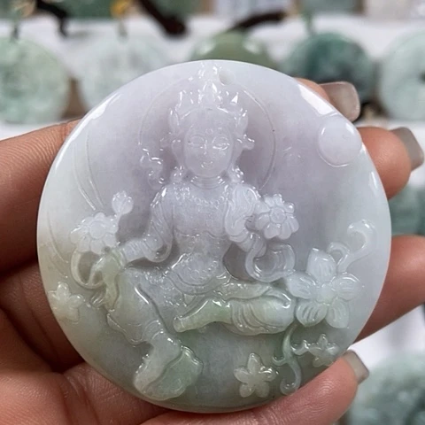 翡翠颈饰未镶嵌山水观音两面工洒黄翡翠福利翡翠