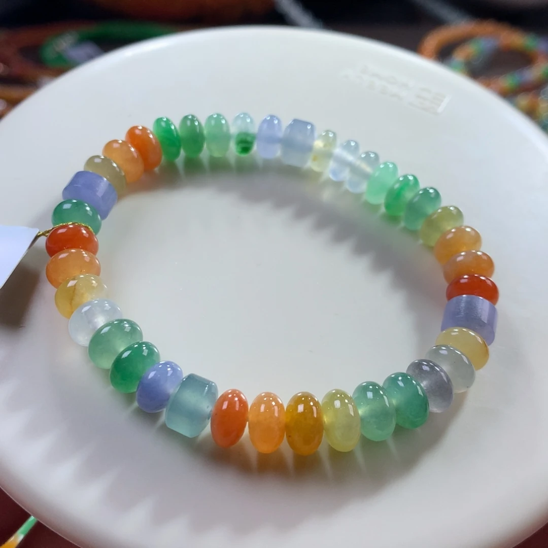 翡翠未镶嵌手链翡翠冰底艳彩彩虹算盘珠卡7.20～7.90+