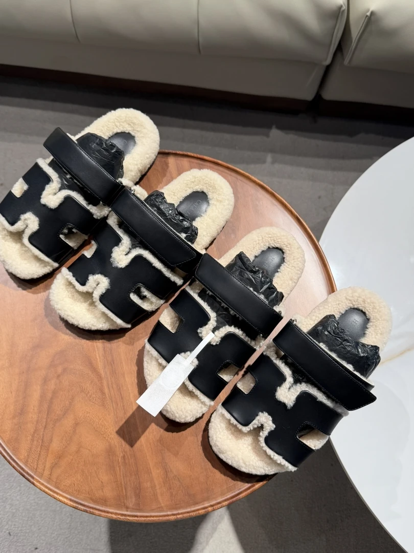 随时下架~强推自留！二舅毛毛拖鞋女 平底魔术贴真皮羊羔毛大码