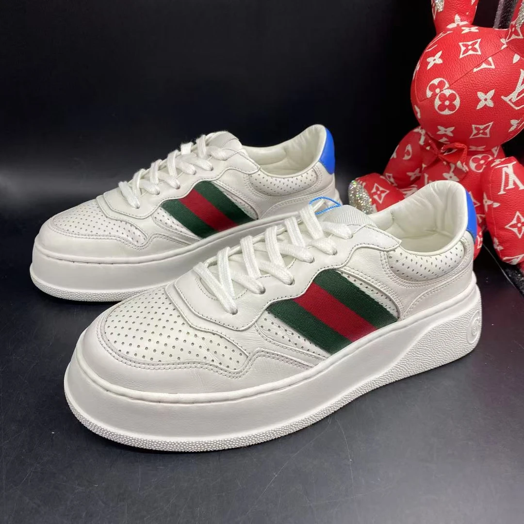 95新 GUCCI/古驰 白色穿孔织带休闲时尚厚底饼干鞋39欧码kke418