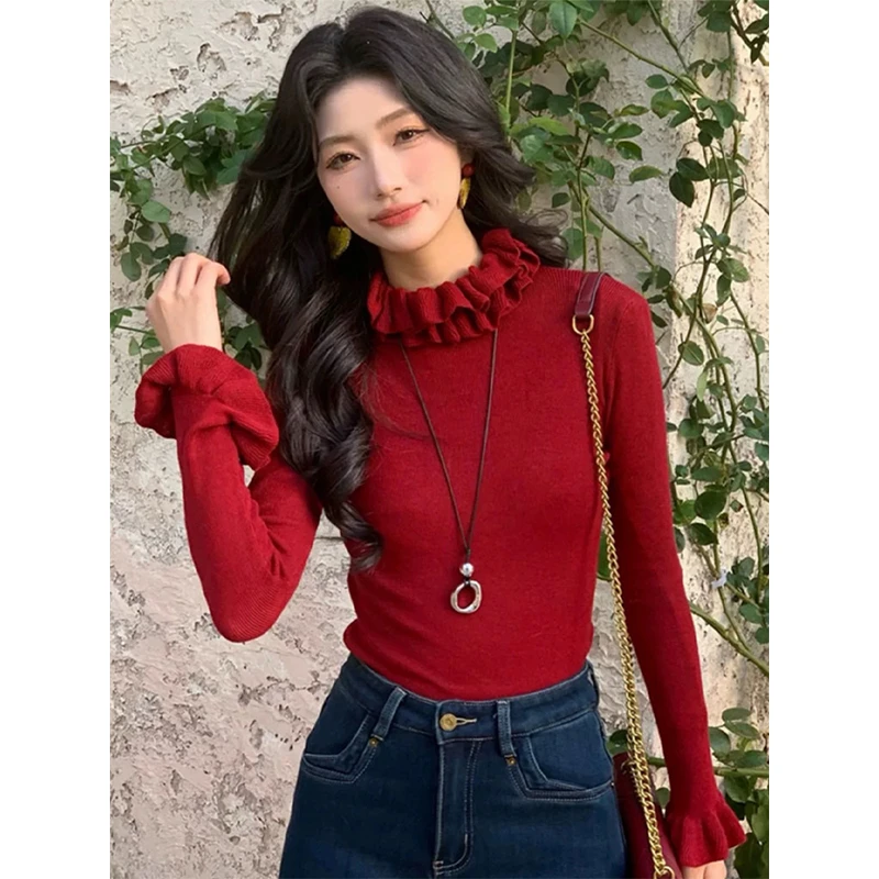 设计感木耳边减龄内搭针织衫上衣女春季本命新年红色长袖打底毛衣