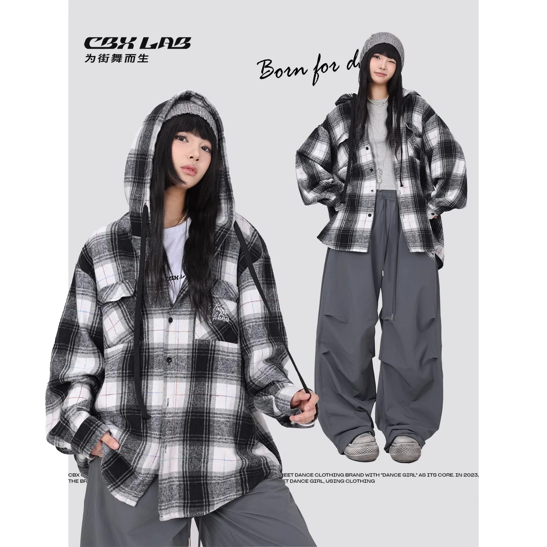 CBXLAB街舞潮牌黑白格子嘻哈连帽衬衫毛呢外套爵士辣妹上衣女