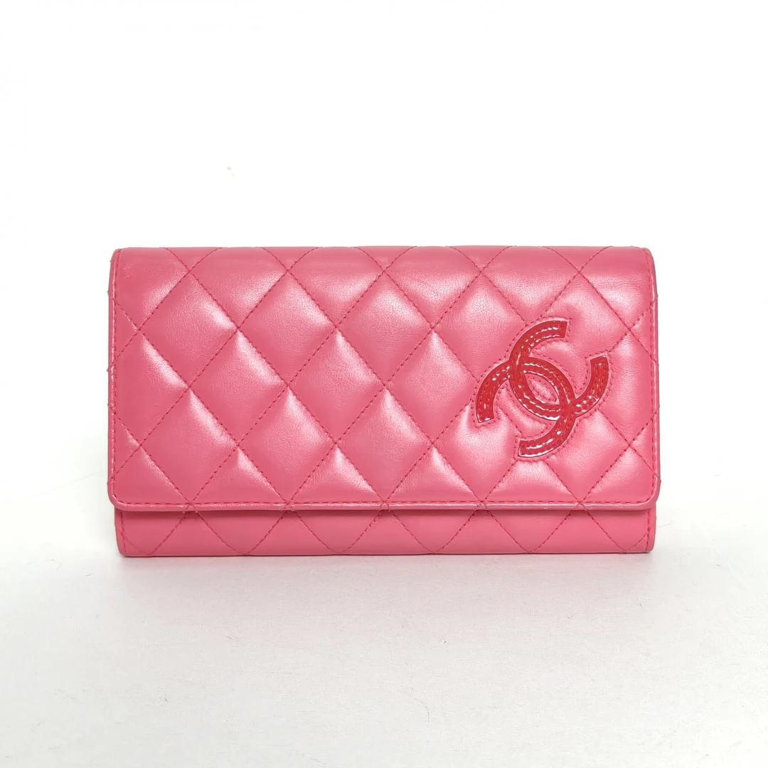 95新 Chanel/香奈儿 【娇】粉色 皮革C 19开 银扣 钱包 723664
