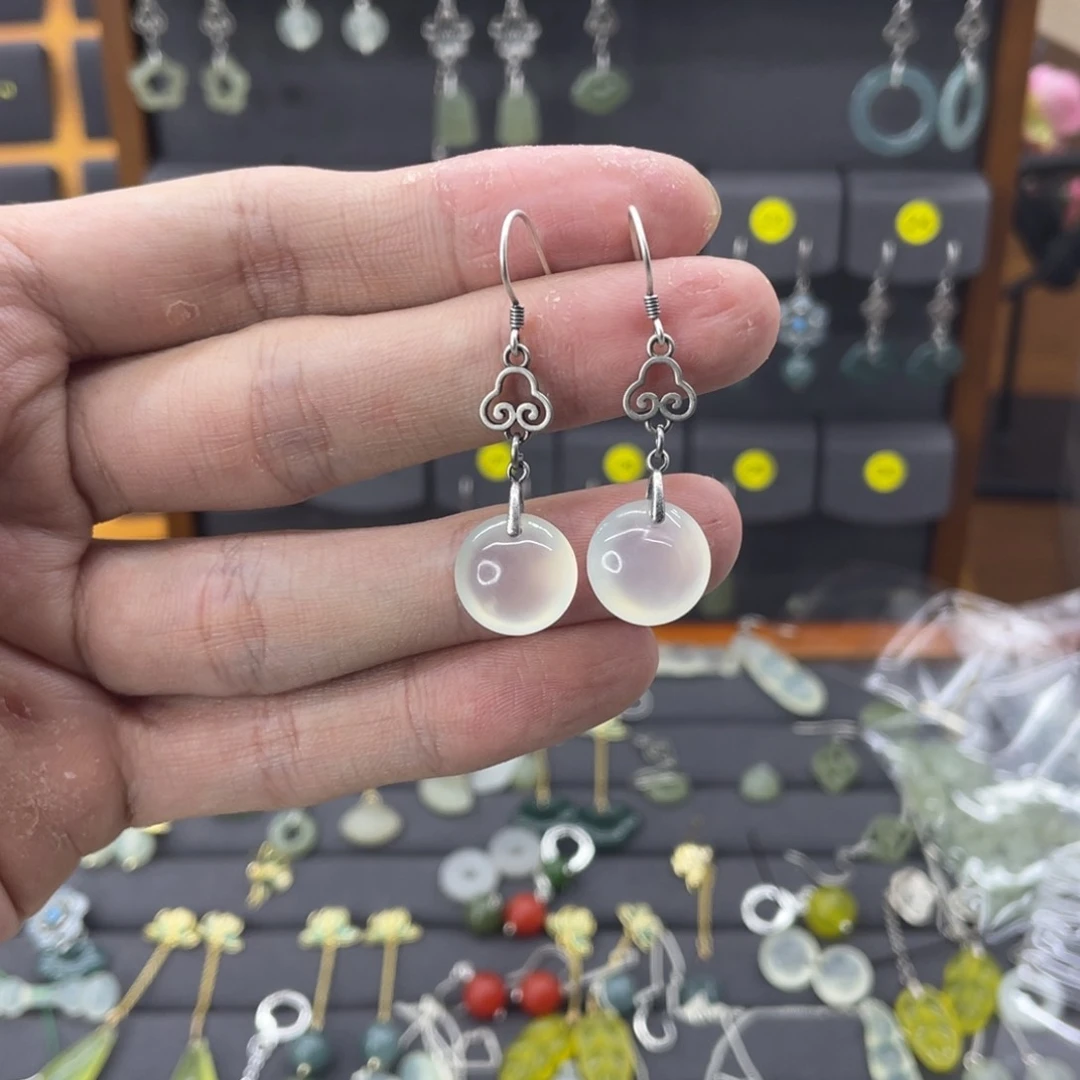 蛇纹石玉耳饰银S925镶嵌?***✨