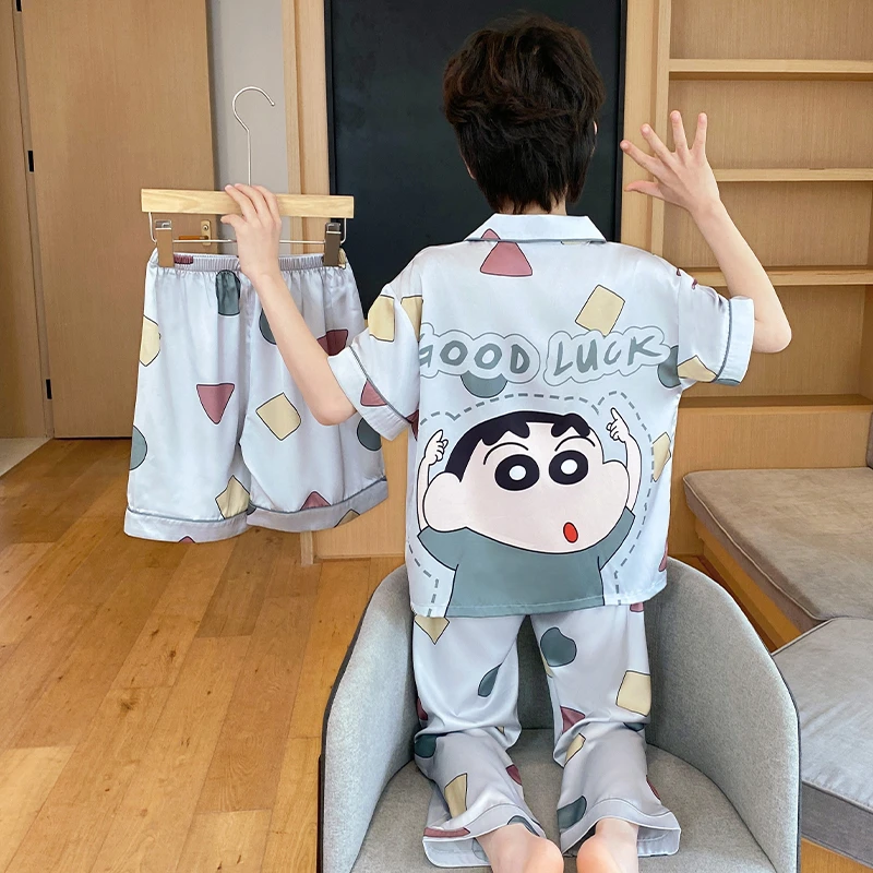 儿童睡衣男夏季冰丝薄款三件套短袖宽松中大童男孩卡通小新家居服