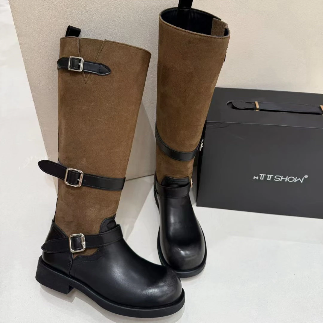 YG 废土风直筒骑士靴女靴2025秋季时尚粗跟女士百搭不过膝高筒靴