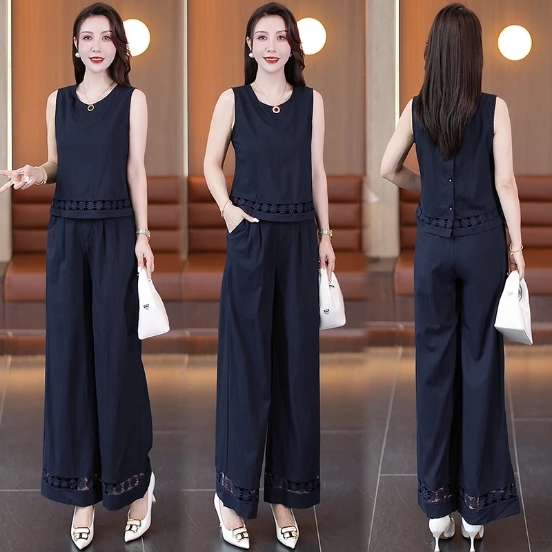 国风慵懒风复古无袖上衣宽松2025夏季新款直筒阔腿裤时尚休闲套装