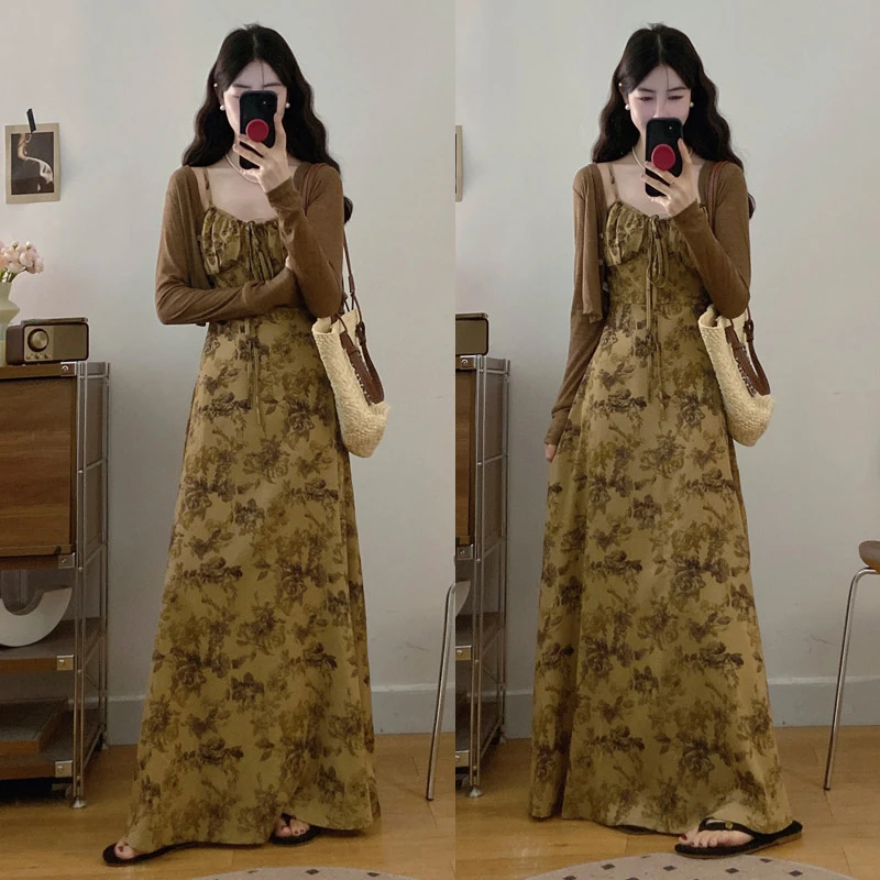 大码胖mm秋新款法式复古水墨印花显瘦吊带连衣裙气质淑女长裙女