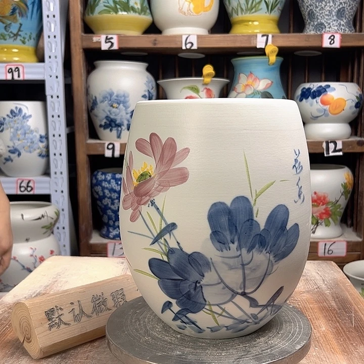 白泥但盆青花荷花陶瓷