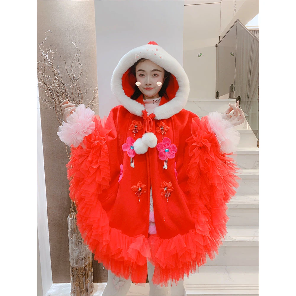 冬季新款原创设计连帽圣诞斗篷新年红中国红外套