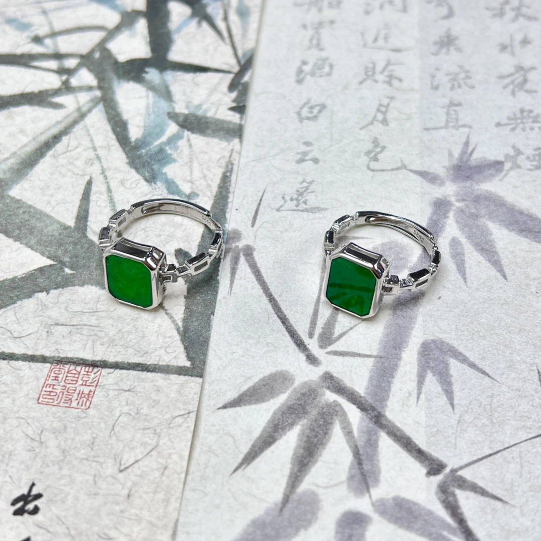 YD20翡翠方形戒指S925银镶9*11mm+多样性发其一