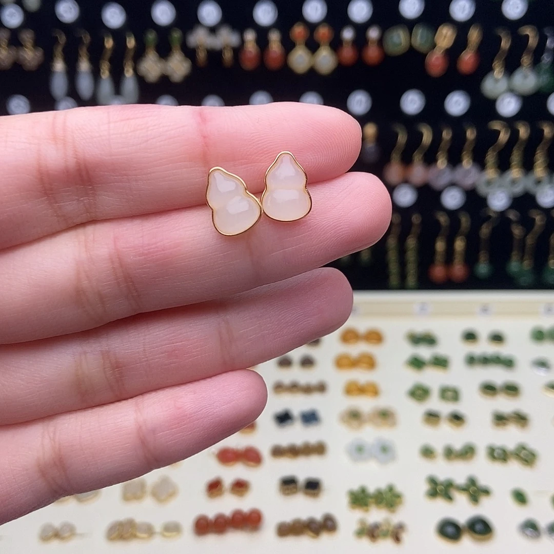 和田玉银S925镀金镶嵌耳饰