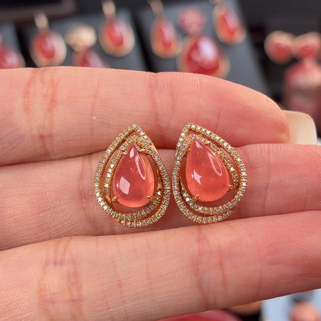 菱锰矿（红纹石）18K金镶嵌耳钉