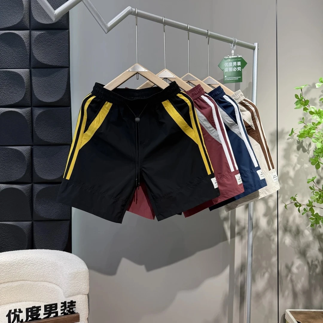 夏季潮流百搭薄款速干男士沙滩休闲拼接色五分条纹运动短裤