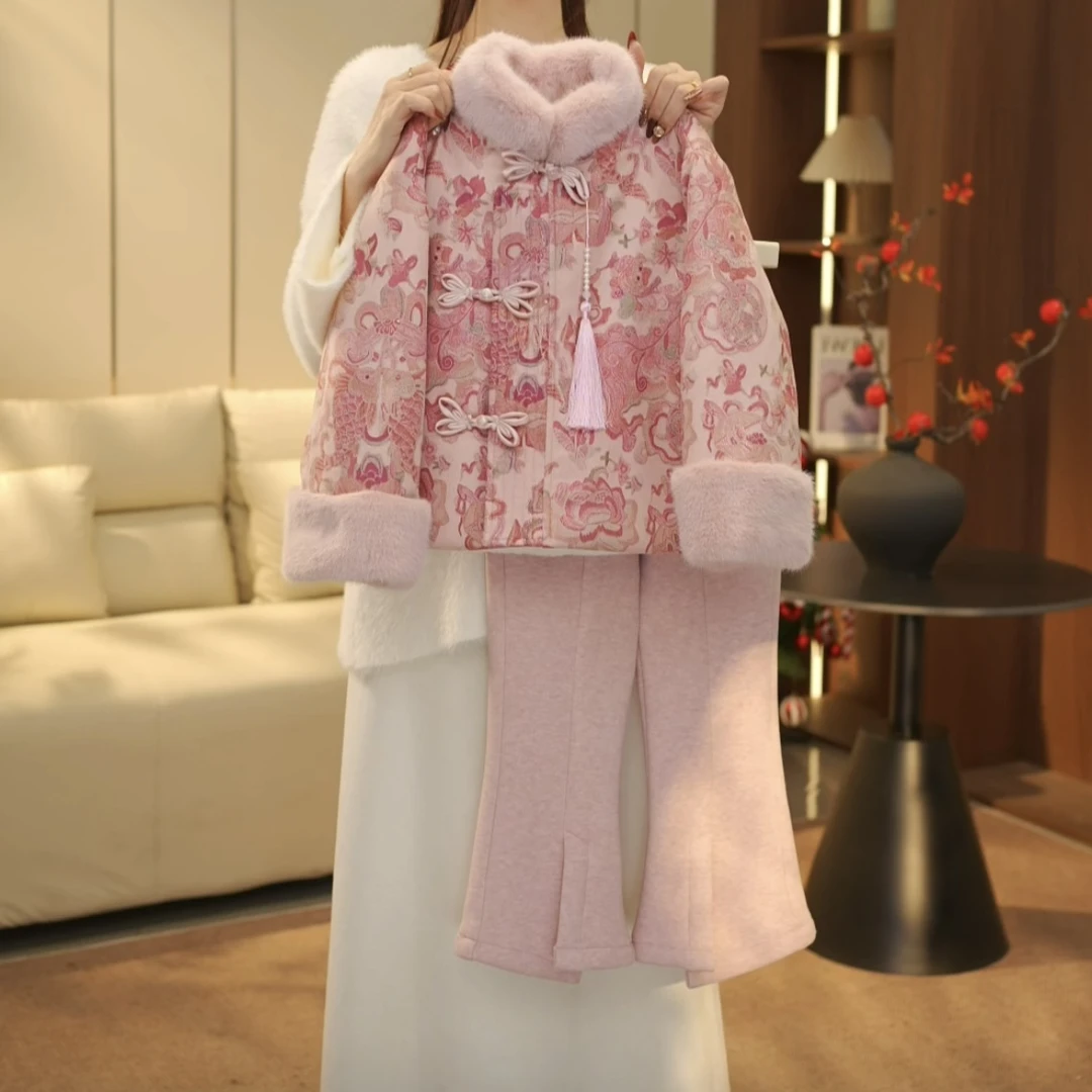 女童冬季中国风粉色加绒套装新中式上衣+套装--Y6358