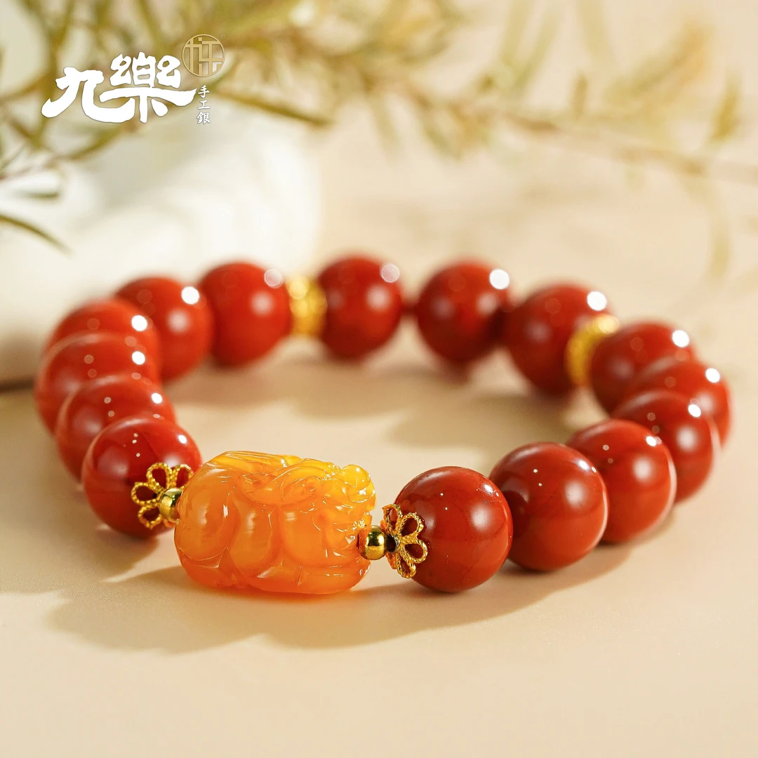 九乐蜜蜡貔貅配11m圆珠南红手串