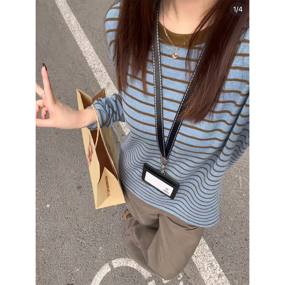 韩版复古条纹撞色圆领长袖T恤女早秋氛围感穿搭简约时髦套头上衣