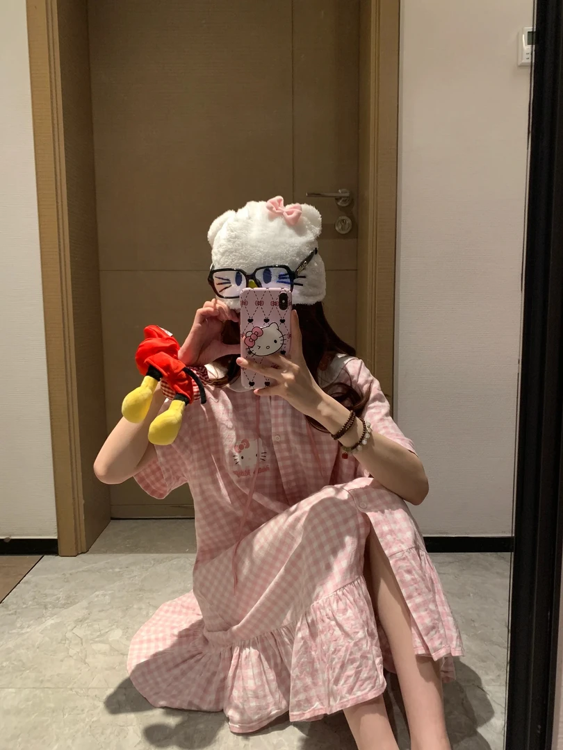 少女甜美可爱卡通凯蒂猫印花睡裙女夏季新款公主风宽松睡裙可外穿