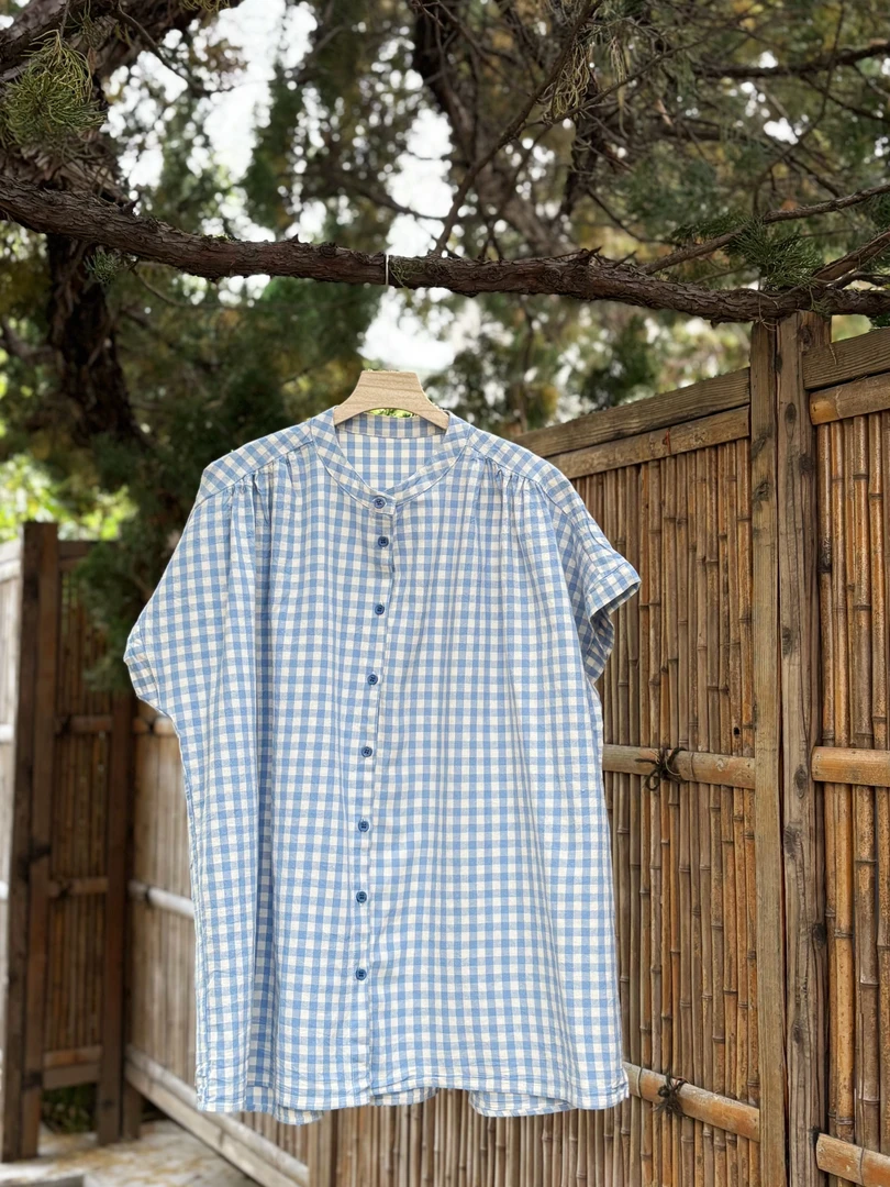 蓝格子文艺女短袖衬衫夏季