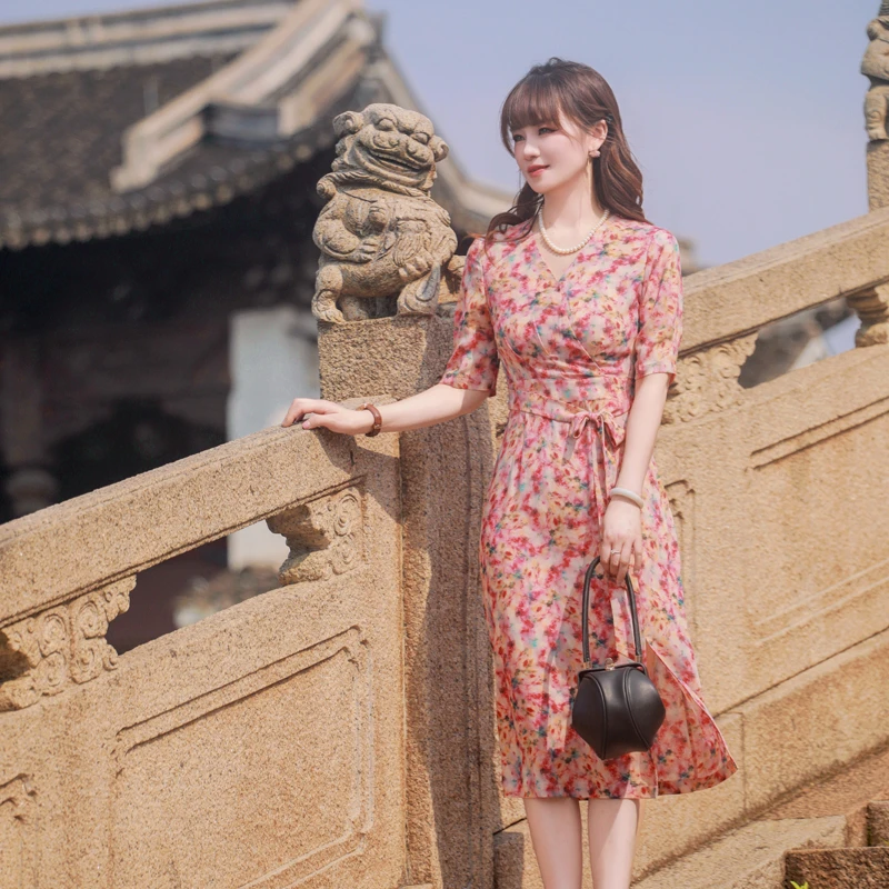 港风玫瑰法式优雅女人修身显瘦真丝双绉工艺中长款连衣裙开叉收腰