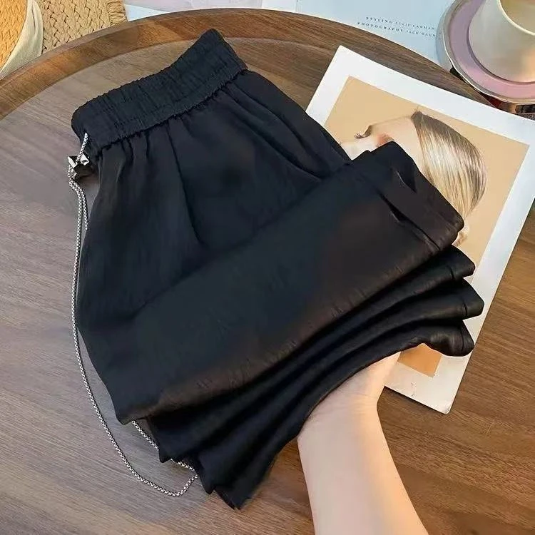 国风新中式阔腿裤女2025夏季手抓花高腰新款缎面凉凉醋酸...