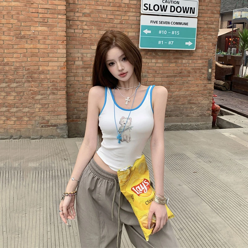 夏季新款辣妹背心小狗印花上衣松弛感复古街头抽绳直筒工装裤套装