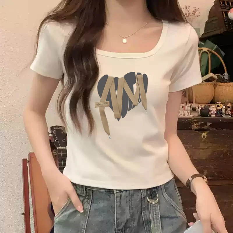 方领短袖t恤女夏季2025新款U领短款半袖正肩纯棉洋气修身辣妹上衣