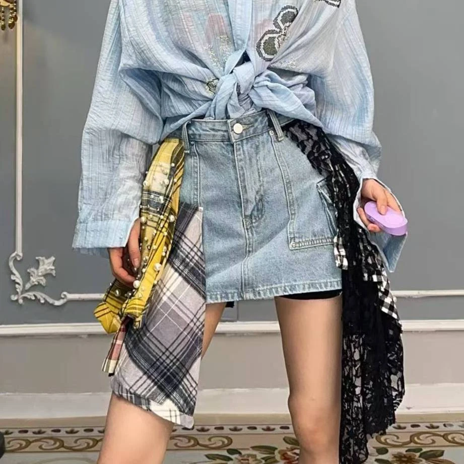 F00142日系潮牌日本设计师牛仔拼接格子布手工珍珠时尚女性短裙