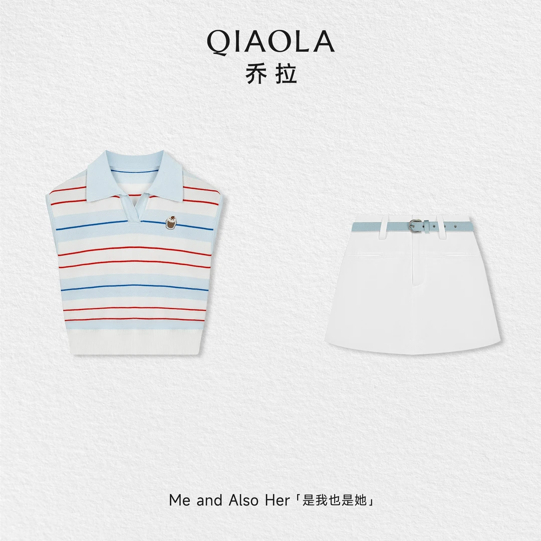 QIAOLA/乔拉【冰淇淋日记】夏季休闲简约风POLO领无袖上衣A字半裙