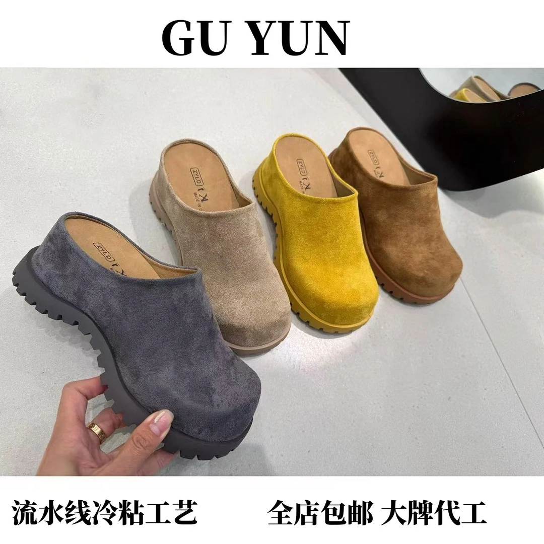 真皮版6cm小个子内厚底半拖鞋女春季新款复古包头博肯鞋单鞋