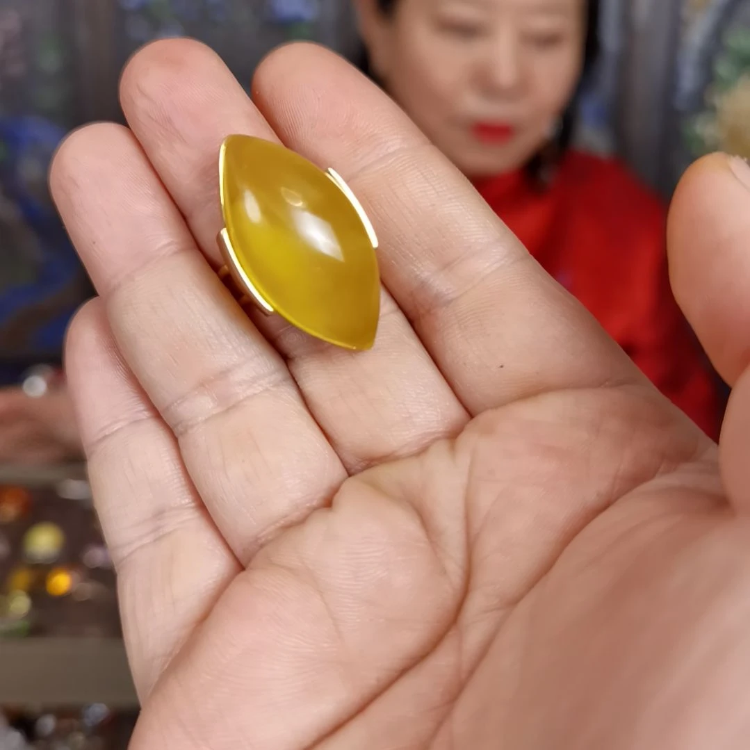 琥珀戒指银S925镀金镶嵌