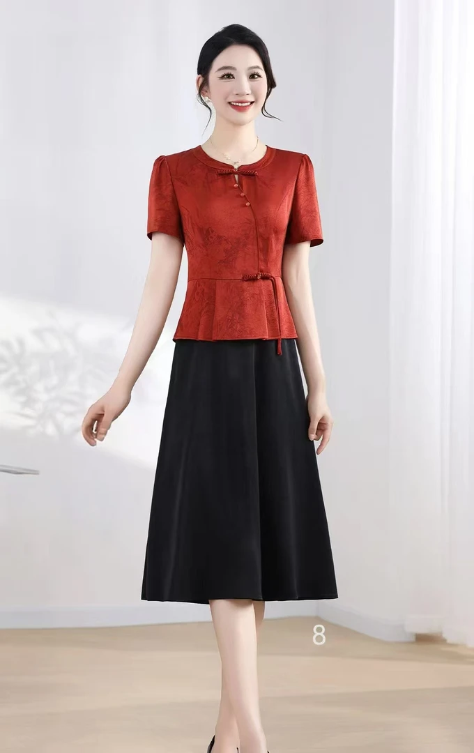 F157 妈妈装短袖假两件连衣裙改良国风减龄气质中老年女装时尚