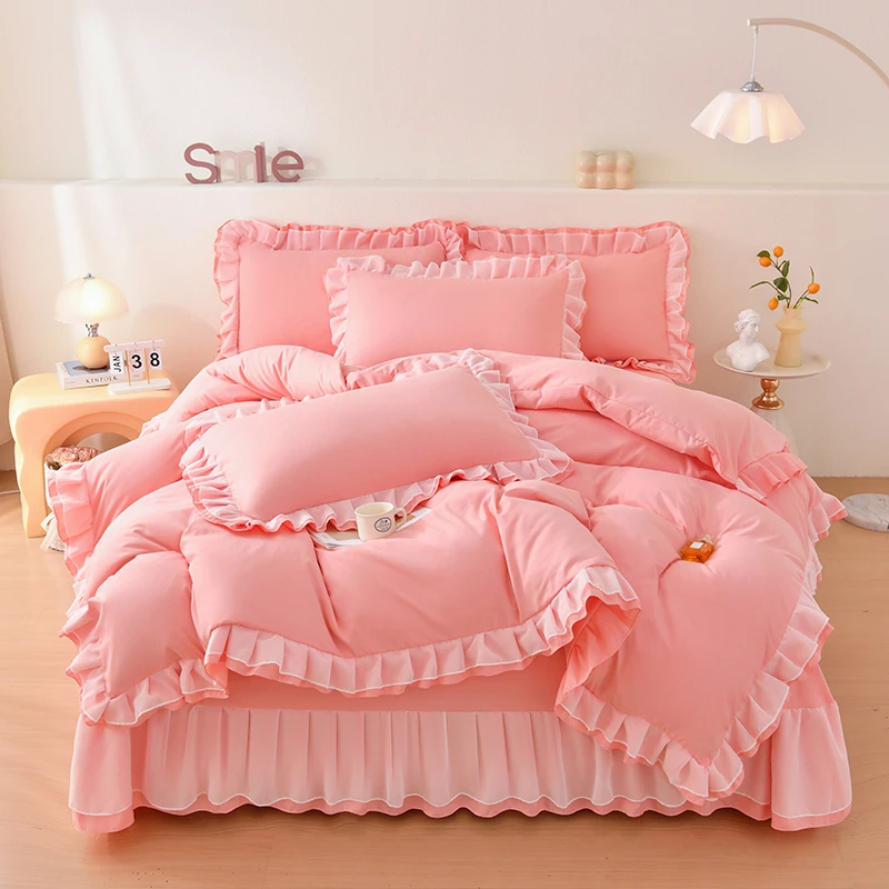 韩式小清新边亲肤棉四件套学生床品套件床裙公主风网红宿舍韩版