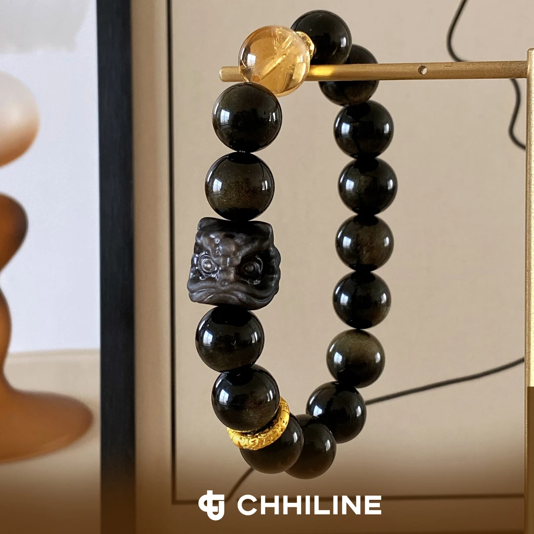 【黑狮守护】金眼黑曜石12mm+黄水晶12mm+银眼黑曜石醒狮16mm