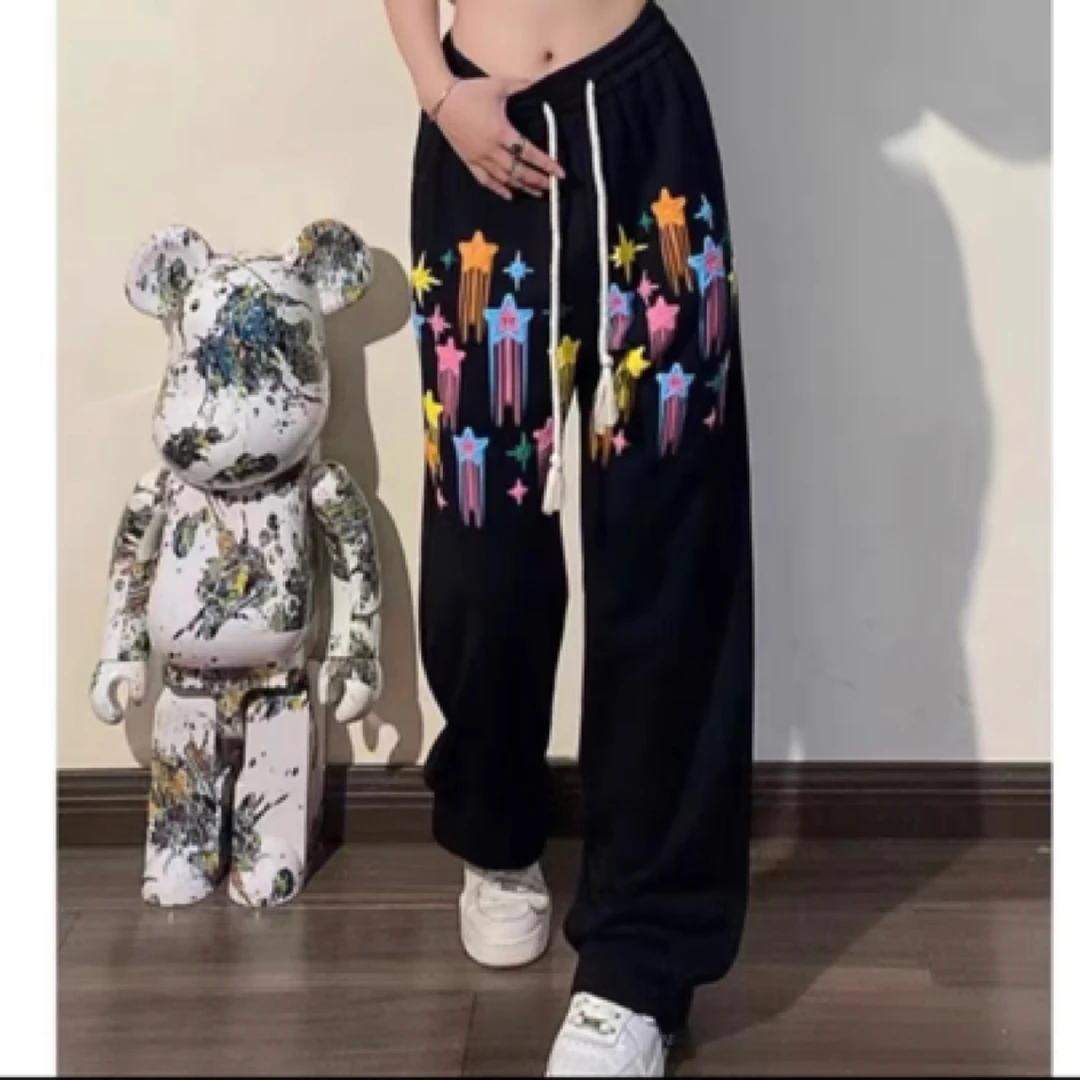 涂鸦星星休闲裤男女美式复古垂感直筒痞帅情侣款宽松直筒运动长裤