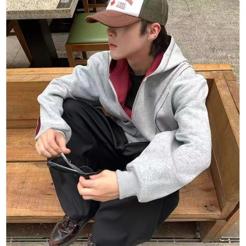 美式新款复古明线拉链解构男开衫卫衣休闲宽松连帽重磅情侣外套潮