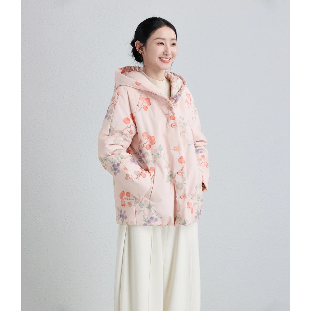 冬果/十木米原创百分百长绒棉印花文艺百搭连帽棉服短外套冬新款