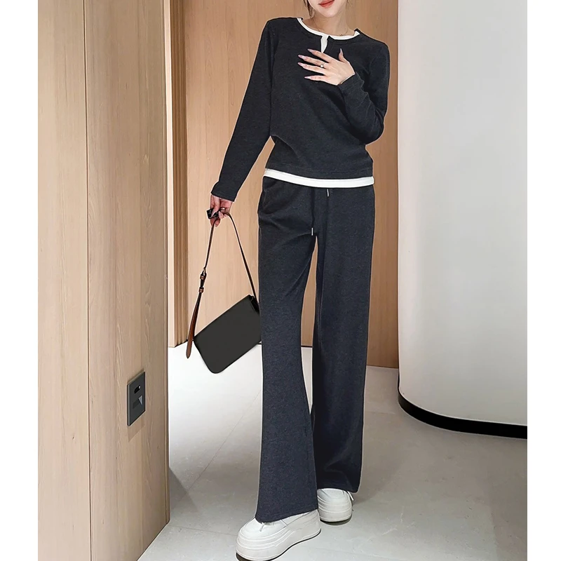 （烫钻假两件套装）5717新款韩版修身气质时尚拼接款休闲套装H