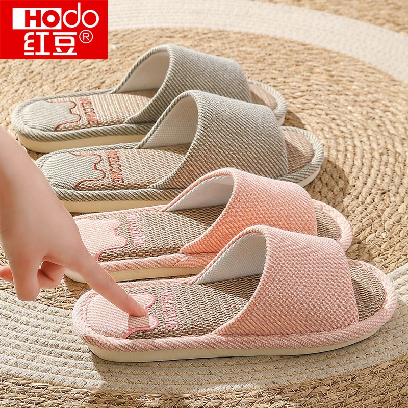 红豆静音亚麻拖鞋女四季家居室内防滑防臭吸汗透气棉麻布拖鞋春秋