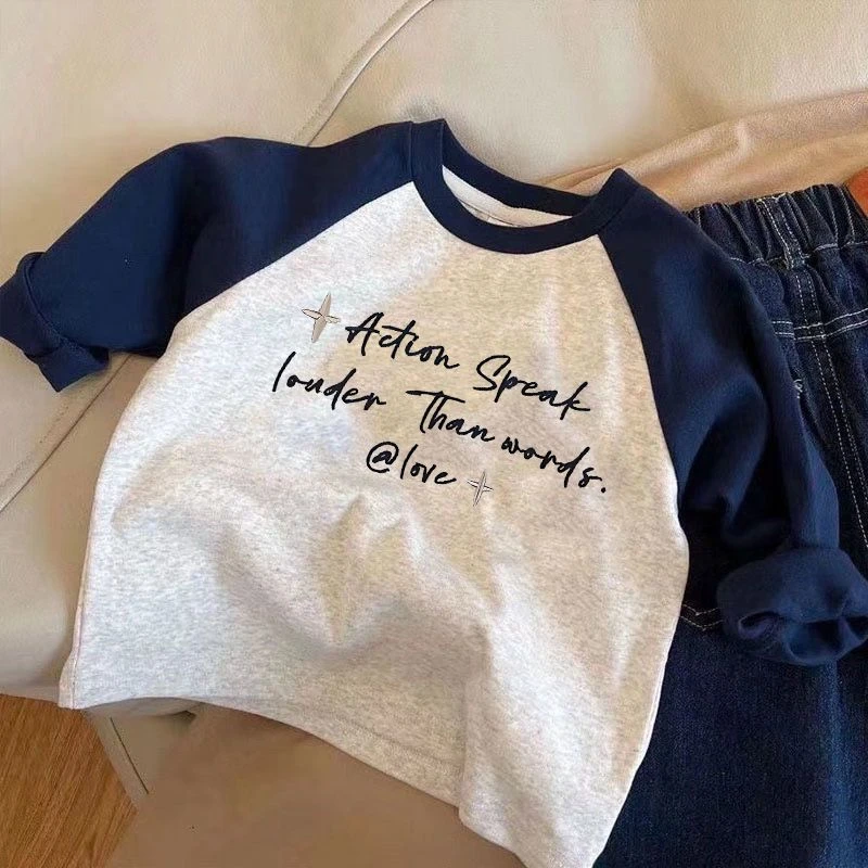 多图~最新春秋装纯棉儿童长袖T恤打底衫拼色圆领新款卡通上衣洋气